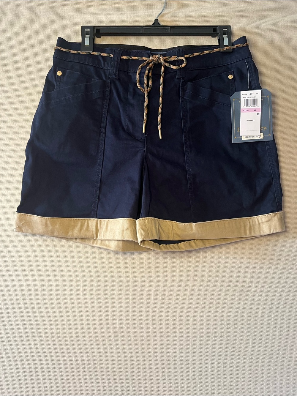 Democracy Navy Shorts with Gold Trim and Rope Waist